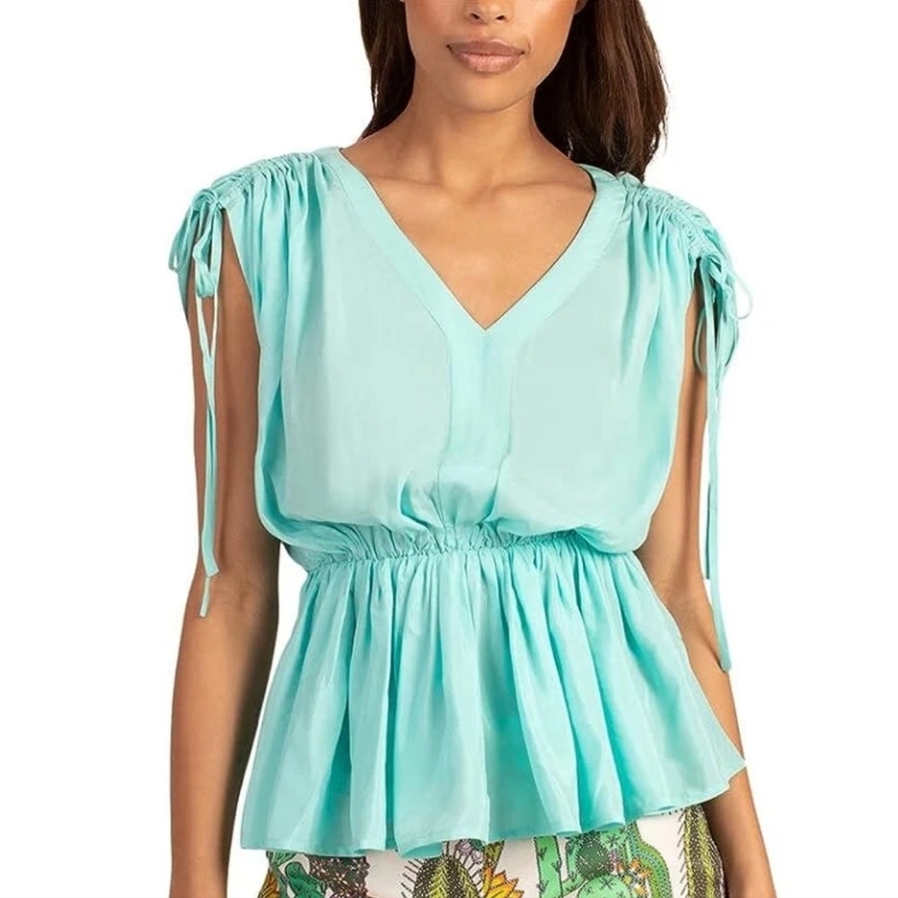 TRINA TURK Floral sleeveles V-Neck Blouse Drawstring Shoulder In Turqouise Sz S